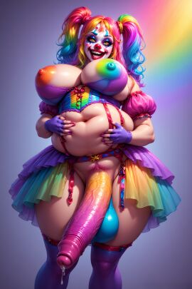 ai_generated balls bbw big_balls big_breasts big_penis breasts chubby clown clown_futa clown_girl clown_makeup clown_nose depraved247 futanari penis precum pubic_hair rainbow_clothing rainbow_hair rainbow_penis rainbow_pubes