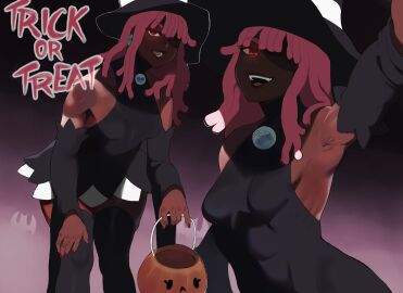 1girls armpits dark-skinned_female dark_skin dreadlocks eyepatch female female_only glowing_eyes guttsuko halloween original original_character pink_hair solo witch_costume