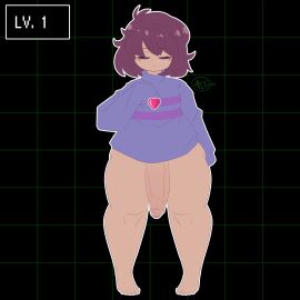 1boy 2d adorable altnsfw barefoot big_penis brown_hair closed_eyes cute enormous_penis femboy femboy_frisk frisk game_ui gameplay_mechanics girly huge_cock human human_male human_only hung_trap male male_only no_pants partially_clothed penis penis_to_the_knees purple_turtleneck shirt_only solo standing sweater tan_skin thick_thighs thighs turtleneck undertale undertale_(series)