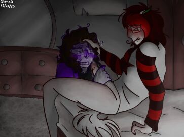 2boys allieboy bed bedroom_eyes bedroom_setting bedroom_sex biting_lip biting_own_lip black_hair black_shirt brown_hair cum cum_in_mouth cum_on_face cum_on_hand cum_on_penis cumming drool drooling drooling_cum glasses homestuck homestuck_oc horse horse_ears horse_tail jacking_off jake_martens_(allieboy) jerking jerking_off jerkingoff jerkingoff_another male male_focus male_only oc oc_x_oc ocs oral oral_sex original_character original_characters penis purple_shirt red_hair red_shirt snakebite_piercing snakebites white_shirt white_skin