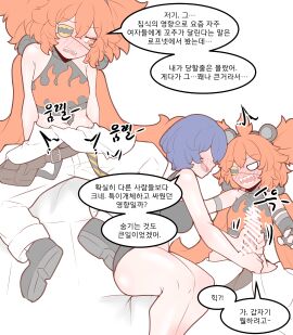 1futa 1girls absurdres angry bar_censor bare_shoulders belle_(zenless_zone_zero) big_penis black_bra black_panties blue_hair blush bra censored clothed clothing commentary_request crop_top dialogue duo erection eyepatch female flame_print fully_clothed futa_on_female futa_with_female futanari highres human intersex koleda_belobog korean_text light-skinned_female light-skinned_futa light_skin mostly_clothed open_mouth orange_eyes orange_hair paid_reward_available panties pants penis penis_grab physisyoon sharp_teeth speech_bubble teeth text translated two_side_up underwear white_pants zenless_zone_zero