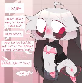 antenna_hair anthro anus ass backsack balls ballsack black_and_white_fur blush bodily_fluids bottomwear bra bulge clenched_teeth clothed clothing colored comic crop_top denim denim_bottomwear denim_clothing dialogue embarrassed femboy genitals girly gradient_background grey_bottomwear grey_clothing grey_jeans grey_pants hair hands_behind_back jacket jeans lagomorph legwear leporid long_ears male mammal navel outside panties pants partially_clothed pink_bra pink_clothing pink_panties pink_underwear public questionable_consent rabbit red_eyes shaded shirt shorts simple_background simple_shading sinnerpen solo_focus speech_bubble sweat sweatdrop tail teeth text topwear unbuttoned_shorts underwear undressing white_hair