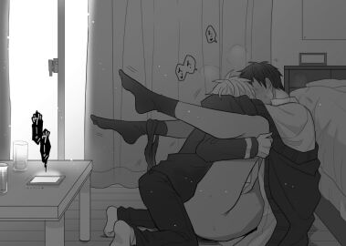 2boys anal_sex aomine_daiki between_legs daiki_aomine gay gay_anal gay_kissing gay_sex greyscale kiss kissing kuroko's_basketball kuroko_no_basuke kuroko_tetsuya legs_up legs_wrapped_around_partner long_legs male male/male male_focus male_penetrating missionary_position on_the_floor small_top_big_bottom tan_skin tetsuya_kuroko