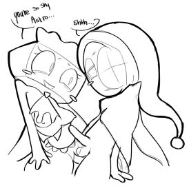 alternative_version_available artist_request astro_(dandy's_world) balls black_and_white blush clothed_sex dandy's_world embarrassed embarrassed_nude_male female line_art male partially_clothed penetration penis pussy sharing_dildo sweat tisha_(dandy's_world)