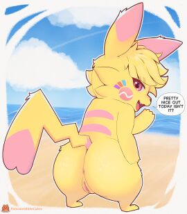 absurd_res anus ass big_ass big_butt cheek_tuft cloud dialogue english_text facial_tuft female feral fur generation_1_pokemon genitals hi_res looking_at_viewer looking_back markings nintendo open_mouth pancakesbakecakes pikachu pink_eyes pokemon pokemon_(species) pussy rear_view simple_background sky solo speech_bubble standing tail tail_markings text tongue tuft water wide_hips yellow_body