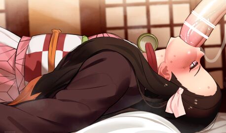animated blush deepthroat demon_slayer fellatio heavy_blush huge_cock kamado_nezuko lying_on_bed monster_cock nezuko_kamado throat_fuck x-ray