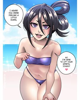 1girls beach black_hair bleach breasts dangerousbride dialogue english_text female female_only heart kuchiki_rukia looking_at_viewer purple_eyes seaside small_breasts solo speech_bubble swimwear talking_to_viewer thick_thighs tied_hair very_high_resolution