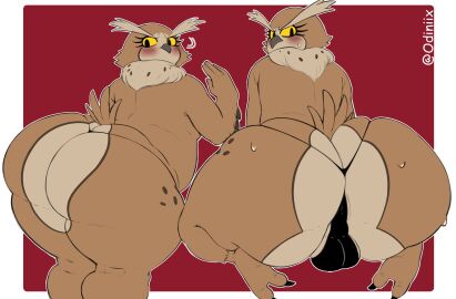2025 absurd_res annoyed anthro ass avian backsack balls ballsack big_butt biped bird black_clothing black_thong black_underwear blush blush_lines bodily_fluids brown_body brown_fur claws clothing digital_drawing_(artwork) digital_media_(artwork) embarrassed feet femboy fur genitals hi_res huge_butt looking_back male odiniix otto_(sssonic2) overweight overweight_anthro overweight_femboy overweight_male owl rear_view red_background signature simple_background sitting sitting_on_knees solo standing sweat sweatdrop tail thick_thighs thong toe_claws underwear yellow_sclera