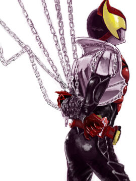 1boy armor armored_male arms_behind_back artist_request ass ass_focus back_view backside bat belt bodysuit bondage butt_focus chain_bondage chained chained_up chained_wrists chains hands_behind_back heavy_armor helmet kamen_rider kamen_rider_kiva kamen_rider_kiva_(series) male male_focus male_only masked masked_male red_armor side_view silver_armor simple_background solo source_request tied tied_hands tied_up vampire