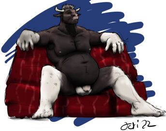 2022 anthro balls black_body black_fur blue_background bovid bovine cattle closed_eyes colored european_mythology feet fur furniture genitals greek_mythology guide_lines hair horn jeri_kleinlowe male mammal minotaur musclegut muscular mythology navel nipples nude penis red_sofa signature simple_background sitting sofa solo spread_legs spreading white_background white_body white_fur