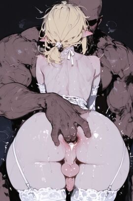 2sang ai_generated ass_focus back back_view big_ass blonde_hair cum dark-skinned_male femboy fingering link muscular open_anus pointy_ears puffy_anus simple_background slim_waist submissive_male thick_thighs