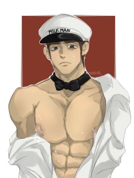 1boy bara clothing francis_mosses looking_at_viewer male male_focus male_nipples male_only metalvik milkman muscular muscular_male nipples no_visible_genitalia solo solo_focus solo_male that's_not_my_neighbor yaoi