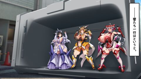 3girls breasts female gigantic_breasts hyper_breasts kawahagitei kohinata_miku senki_zesshou_symphogear tachibana_hibiki_(symphogear) yukine_chris