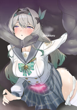 1boy blush breasts censored cowboy_shot female firefly_(honkai:_star_rail) grey_hair grey_skirt honkai:_star_rail honkai_(series) large_breasts mosaic_censoring nukkoru panties panties_around_one_leg pleated_skirt pubic_tattoo purple_eyes sex sex_from_behind shirt skirt solo_focus tattoo tears thighhighs underwear white_shirt white_thighhighs