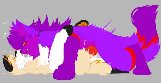 anthro ass bodily_fluids canid canine clenched_teeth collarwhiskers cum cum_in_ass cum_inside dominant dominant_male duo ejaculation embarrassed fox from_front_position fur genital_fluids growling hair hi_res looking_at_another looking_at_partner male male/male mammal mating_press moan motion_lines on_top pawpads paws pressed_against purple_body purple_fur purple_hair sex shoulder_grab size_difference submissive submissive_male tan_body tan_fur teeth text