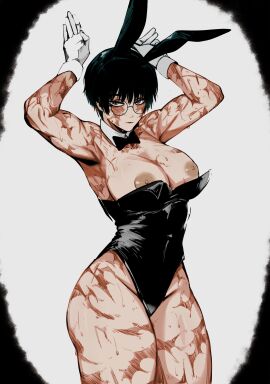 1girls ajaycolor black_hair black_leotard breasts breasts_out bunnysuit burn_scar color color_edit colored colored_hair colored_inner_hair colored_sketch colored_skin curves curvy edit fake_animal_ears female glasses jujutsu_kaisen leotard masoq095 monochrome playboy_bunny rabbit_ears rabbit_pose scars short_hair solo strapless strapless_leotard thick_thighs toned toned_female very_short_hair zenin_maki