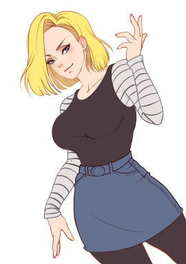 1girls android_18 artist_request blonde_hair blue_eyes breasts dragon_ball dragon_ball_z female female_only mature_female milf pants shirt skirt solo solo_focus