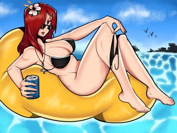 1girls attem barefoot bedroom_eyes big_breasts bikini black_bikini blasphemiaz bottomless breasts female female_only flower_in_hair long_hair looking_at_viewer necklace panties panties_off parasoul pool red_hair skullgirls smiling_at_viewer summer thick_thighs
