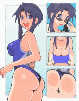 1girls ass azumanga_daiou blue_background blue_eyes breasts cleavage female glasses inkerton-kun inkuusan looking_at_viewer nyamo_minamo_kurosawa one-piece_swimsuit school_swimsuit sunglasses swimsuit teacher