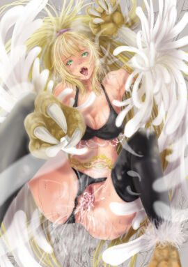 1girls animal_feet animal_hands ayuhara_shizuku_2_nichime_higashi_ra_20-a black_thighhighs blonde_hair breasts censored claws commentary_request duel_monster feathers female female_ejaculation green_eyes harpie_dancer harpy highres large_breasts long_hair looking_at_viewer lying monster_girl mosaic_censoring navel on_back open_mouth ponytail pussy pussy_juice saliva solo teeth thighhighs tongue upper_teeth upper_teeth_only winged_arms wings yu-gi-oh!
