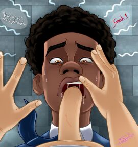 blowjob_face brown_skin dark-skinned_male dark_skin gay gay_blowjob light-skinned_male light_skin male male/male marvel marvel_comics miles_morales_(spider-verse) naked slotha very_dark_skin yaoi