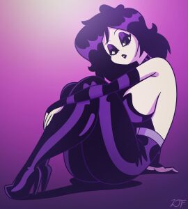 1girls ankh arm_socks artist_signature bare_shoulders belt big_breasts black_eyes black_hair black_lipstick bodysuit breasts cel_shading chocker cleavage curvy curvy_female curvy_figure eyelashes eyes_half_open eyeshadow female fetal_position full_body goth goth_girl half-closed_eyes high_heels highres legs_together light-skinned_female light_skin looking_at_viewer lying mostly_clothed no_bra open_bodysuit original original_character pale-skinned_female pale_skin pose posing purple_background revealing_clothes rustysh4ckl3ford shaded shiny_clothes shiny_eyes shiny_hair shiny_lips short_hair simple_background sitting thick_thighs violetta_ravenwing voluptuous voluptuous_female white_skin wide_hips