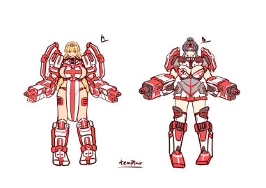 2024 2girls armored_femalemidriff battlemech battletech big_breasts blonde_hair blue_eyes breasts cleavage concept_art crusader dark_blue_hair female gun_arm mech mecha mechagirl mechwarrior panties red_eyes robe shikai_(artist) skirt tagme templar_(battlemech)