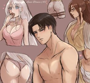 1boy 2girls ass ass_focus attack_on_titan breasts breasts_focus butt_focus female hanji_zoe levi_ackerman luna_blanca_art male original_character pervert shingeki_no_kyojin tagme thinking_of_someone_else