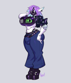 1girls battery_indicator belt big_breasts blue_pants boots breasts bulge bulge_through_clothing earings female futanari implied_futa intersex leather_jacket nedoiko purple_hair robot robot_ears robot_girl robot_joints screen_face spiked_belt touchscreen two-tone_hair white_body
