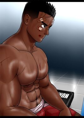 10s 1boy 2017 bandaid bara black_hair blood_on_face dark_skin kensuke_(yhs8) male male_only muscular nipples original solo tagme wrestling wrestling_outfit yaoi
