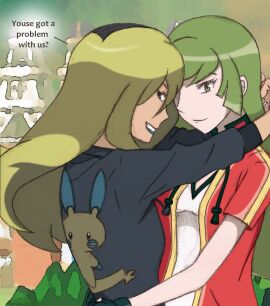 2girls ace_trainer_(pokemon) ace_trainer_(pokemon_oras) blonde_hair blue_lipstick breasts delinquent_(pokemon) embracing embracing_another embracing_each_other female female_only game_freak green_hair lesbian lesbians lipstick nintendo npc_trainer pokemon pokemon_oras pokemon_rgby text yuri