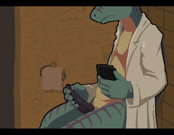 animated anthro bathroom blue_body bodily_fluids breath clothing coat damion_(angels_with_scaly_wings) dragon electronics erection genital_fluids genitals gif graffiti graffiti_on_wall hopful_anomenoe labcoat loop male masturbation mostly_nude mythological_creature mythological_scalie mythology penis phone precum public_masturbation public_restroom purple_penis restroom_stall scalie sitting solo toilet_paper topwear