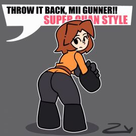 1girls animated arm_cannon ass ass_clapping ass_focus back_view backboob bedroom_eyes big_ass black_eyes bouncing bouncing_ass breasts brown_hair clapping_cheeks clothed clothing curvy emotionless expressionless female huge_ass human light-skinned_female light_skin looking_at_viewer looking_back mii mii_gunner mii_gunner_(smash_4) mob_face mouth_closed nintendo offscreen_character opis pale-skinned_female pale_skin red_hair simple_background skintight solo solo_female speech_bubble super_smash_bros. super_smash_bros._for_nintendo_3ds_and_wii_u sweater thick thick_thighs twerk twerking wide_hips wiggling_ass zepiereite