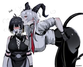 ass big_ass big_breasts black_tongue breasts colored_tongue female female_rover_(wuthering_waves) kurenaiz1 licking long_tongue rover_(wuthering_waves) tongue tongue_out white_hair wuthering_waves zani_(wuthering_waves)