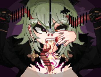 2girls 4boys ahe_gao belle_(zenless_zone_zero) breasts caesar_king censored cum cum_in_mouth cum_on_breasts double_handjob fellatio female feral_pov finger_in_mouth foursome green_hair hair_ornament handjob heart-shaped_pupils katharsis large_breasts male nose_hook nude oral penis pig pig_penis pixel_art pov short_hair slave suina tattoo tongue tongue_out yellow_eyes zenless_zone_zero zoophilia