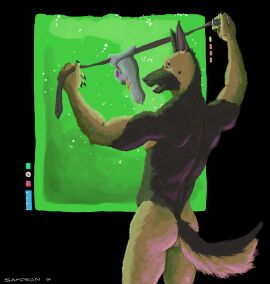 2024 5_fingers absurd_res anthro ass athletic athletic_anthro athletic_male back_muscles black_nose brown_body brown_fur canid canine canis claws domestic_dog fangs finger_claws fingers fur german_shepherd herding_dog hi_res humanoid_hands male mammal marcus_leo_varro muscles nude pastoral_dog penetrable_sex_toy sampsonwoof sex_toy signature slime solo story story_in_description teeth whiskers worried