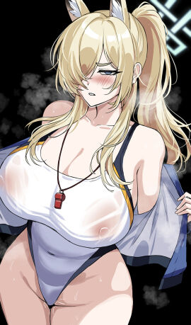 1girls animal_ears blonde_hair blue_archive breasts drogod_(artist) female hair_over_one_eye hi_res huge_breasts kanna_(blue_archive) kanna_(swimsuit)_(blue_archive) kemonomimi light-skinned_female light_skin long_hair one-piece_swimsuit swimsuit