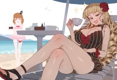 07th_expansion 2girls :d beach_chair beach_umbrella beatrice_(umineko) blonde_hair blue_eyes blush_stickers bow breasts brown_hair cake cake_slice cleavage commentary crossed_legs crown cup drill_hair ebora english_commentary female flower food hair_flower hair_ornament highres holding holding_cup holding_plate large_breasts long_hair maria_ushiromiya mini_crown multiple_females multiple_girls one-piece_swimsuit open_mouth pink_one-piece_swimsuit plate red_bow red_flower red_rose rose sandals sitting smile striped_clothes swimsuit teacup thigh_strap umbrella umineko_no_naku_koro_ni vertical-striped_clothes wrist_bow youngmanisdown