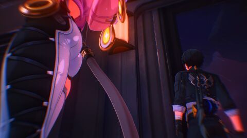 1boy 1girls ass ass_focus female game_screenshot kurogames lumi_(wuthering_waves) male male_rover_(wuthering_waves) rover_(wuthering_waves) thick_thighs wuthering_waves