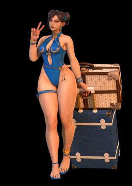 1girls 3d alternate_costume asian_female bare_legs bare_thighs barefoot black_background blender breasts brown_hair capcom chinese_clothes chun-li chun-li_(street_fighter_6) cleavage female female_only hourglass_figure long_legs looking_at_viewer medium_breasts one-piece_swimsuit posing sandals sihsengiu slim_waist solo street_fighter street_fighter_6 summer_uniform swimsuit tagme thick_thighs v_sign wide_hips