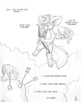 2025 animal_genitalia anthro arrow_(weapon) balls beartp bow_(weapon) canid canine fennec_fox flinters fluffy fluffy_tail fox fully_sheathed fur genitals hair halo hi_res holidays male mammal nude nude_male outside plant ranged_weapon scut_tail sheath short_tail shrub solo tail true_fox valentine's_day weapon wings