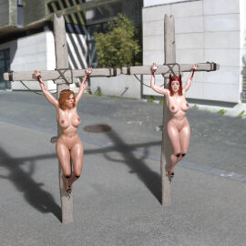 2girls 3d avengers black_widow_(marvel) crown_of_thorns crucifixion female gore hlt1w marvel marvel_comics mutant_(marvel) natasha_romanoff nude nude_female red_hair running_mascara runny_makeup scarlet scarlet_witch scarlett_johansson wanda_maximoff x-men