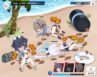 3girls absurdres all_fours animal_ears ass barrel beach bikini black_bikini black_hair black_hat blue_archive blue_bikini blue_halo blue_one-piece_swimsuit blue_shirt blush breast_sucking breast_sucking_through_clothes breasts brown_hair casual_one-piece_swimsuit chibi closed_eyes cunnilingus fake_animal_ears fake_screenshot female frilled_one-piece_swimsuit frills gameplay_mechanics green_halo group group_sex halo hat highres innertube insectophilia leech long_hair lying miyako_(blue_archive) miyako_(swimsuit)_(blue_archive) miyu_(blue_archive) moaning moe_(blue_archive) multiple_females multiple_girls off-shoulder_one-piece_swimsuit off_shoulder on_back one-piece_swimsuit one_breast_out open_mouth oral outdoors palm_tree ponytail rabbit_ears saki_(blue_archive) sandals sfry0323 shirt short_hair sitting spread_legs swim_ring swimsuit thighs top-down_bottom-up tree trembling twintails white_hair zoophilia