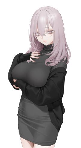 1girls black_jacket demon female female_only glasses hair_between_eyes highres jacket jewelry long_hair looking_at_viewer necklace nipple_piercing nipples ohisashiburi open_clothes open_jacket original original_character piercing piercings pink_hair purple_hair red_eyes simple_background solo succubus sweater turtleneck turtleneck_sweater white_background