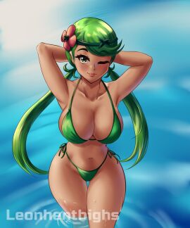 1girls big_breasts bikini bikini_bottom bikini_top bottomwear breasts cleavage female female_only flower flower_in_hair game_freak green_bikini green_eyes green_hair hair hair_ornament hands_behind_head hips huge_breasts leonart lips mallow_(pokemon) one_eye_closed pokemon pokemon_sm smile solo solo_female swimwear thighs topwear twintails wet wet_body wide_hips wink winking