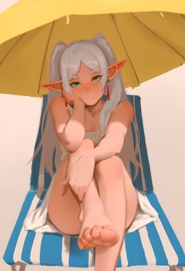 1girls ai_assisted beach blush blushing_at_viewer blushing_female casual clothed clothed_female earrings elf elf_ears elf_female elf_girl feet feet_focus feet_up female foot_fetish foot_focus frieren frieren_beyond_journey's_end green_eyes looking_at_viewer randomscribblas soles soles_female sousou_no_frieren toes toes_curled twintails white_hair