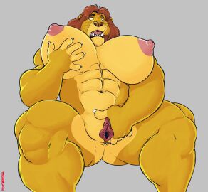 abs anthro anus areola big_muscles big_pecs breasts brown_hair clitoral_hood clitoris cuntboy cuntboy_with_breasts disney felid genitals hair hi_res huge_pecs intersex lion looking_pleasured mammal modem_redpill mufasa multicolored_body muscles muscular navel nipples open_mouth pantherine pec_grab pecs pink_nipples presenting presenting_pussy pussy rule_63 solo spread_legs spread_pussy spreading the_lion_king thick_thighs two-tone_body vagina yellow_body