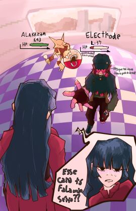 alakazam black_eyes black_hair brown_hair brown_skin electrode_(pokemon) heart_eyes hisaki_(yultarinn) kaelan_(yultarinn) pokeball pokemon pokemon_(game) portuguese_text sabrina_(pokemon) sabrina_(pokemon_frlg) white_skin