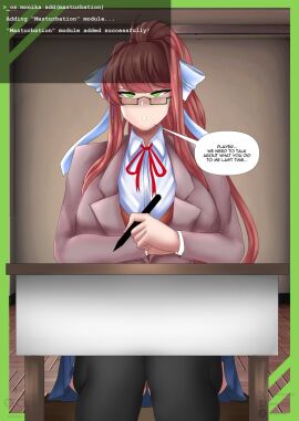 controlled doki_doki_literature_club female genokuno glasses green_eyes masturbation mind_control monika_(doki_doki_literature_club) reality_warping school_uniform