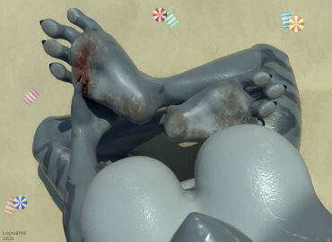 anthro beach bodily_fluids breasts crossed_legs dirty dirty_feet duo extreme_size_difference feet female fish foot_fetish foot_focus gore kaimana lapushis macro macro_female male male/female marine sand shark size_difference summer umbrella